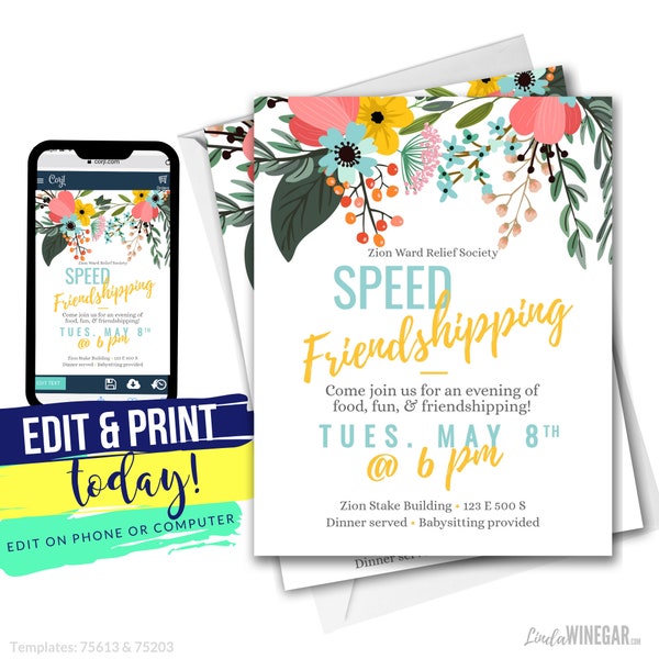 Speed Friendshipping Invite + Free Cupcake Toppers PDF | LDS Relief Society Invitation | Corjl Editable INSTANT Digital Download 4x6 & 5x7