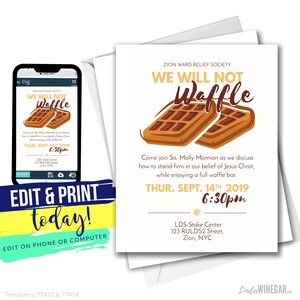 Waffle Bar Invitation, LDS Relief Society Waffle Invite, Youth Activity Invitation | Editable INSTANT Digital Download with Corjl 4x6 & 5x7