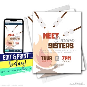 Meet S&#39;more Sisters Fall Invite | Relief Society Activity Invitation | Editable INSTANT Digital Download with Corjl 4x6 & 5x7