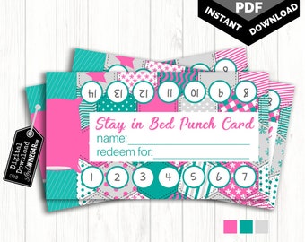 Stay in Bed Punch Card | Habit Cards for Kids | Bedtime Punchcards Pink | Reward Punch Card Printable | 10/sheet INSTANT DOWNLOAD 8.5x11 PDF