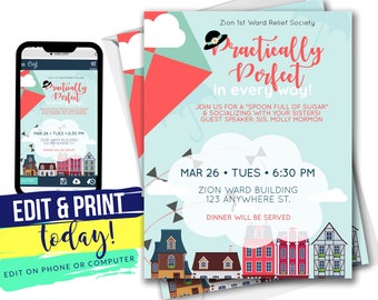 Mary Poppins Invitation, LDS Relief Society Practically Perfect Invite | Editable INSTANT Digital Download with Corjl 4x6 & 5x7