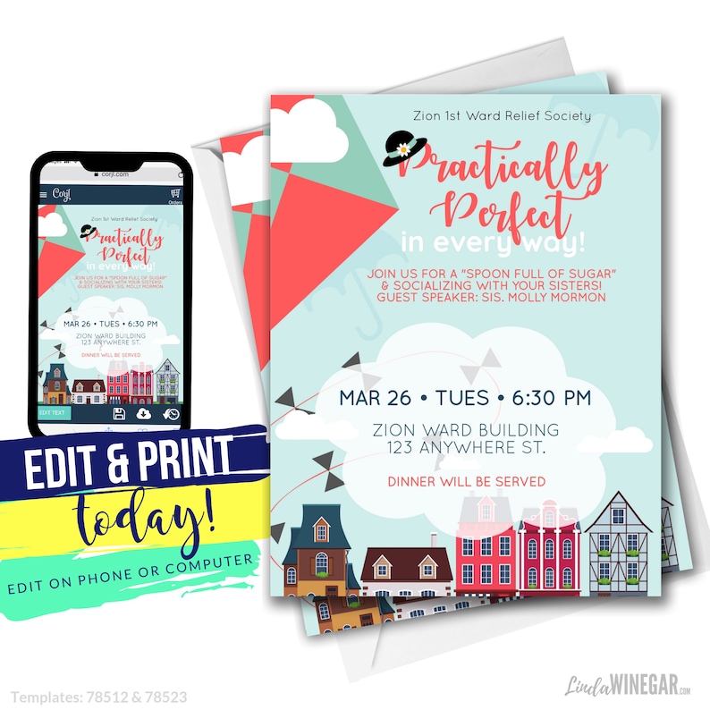 Mary Poppins Invitation, LDS Relief Society Practically Perfect Invite Editable INSTANT Digital Download with Corjl 4x6 & 5x7 image 1