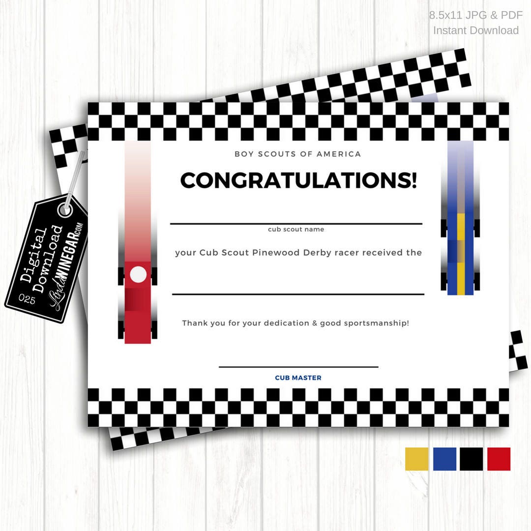 Editable Pinewood Derby Certificate  Checkered Race Car  Cub Scout Derby   Girl Scout  22 Categories  INSTANT Download 22.22x22 JPG & PDF With Pinewood Derby Certificate Template