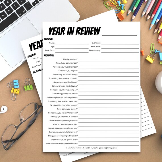 DIGITAL Year in Review Questionnaire for Kids and Teens | Gratitude Prompts for Teens | End of Year Worksheet | INSTANT Download 8.5x11 PDF