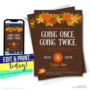 Fall or Spring Service Auction Invite | LDS Relief Society Activity Invitation | Editable INSTANT Digital Download with Corjl 4x6 & 5x7