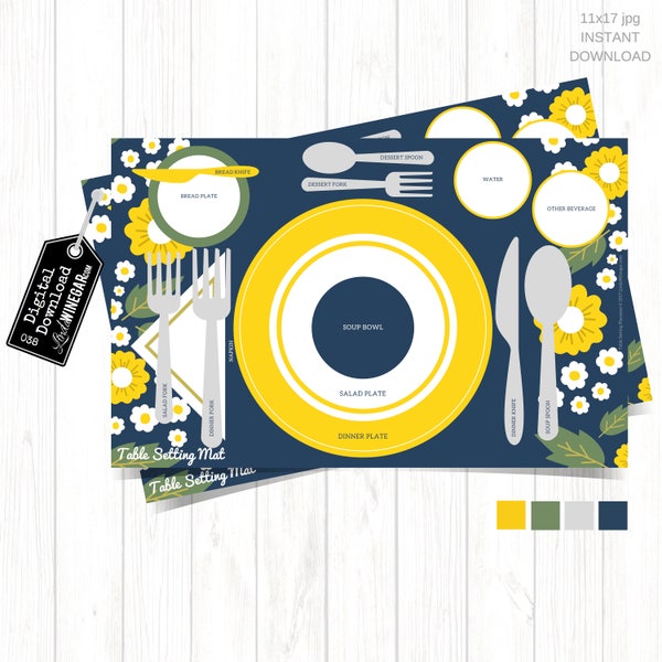 Etiquette Placemat for Kids | Table Setting Diagram for Teens | Manners Placemat with Flowers | INSTANT Download 11x17 JPG