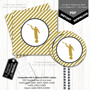 May include: Printable digital download of 12 angel trumpet tags or toppers. The tags are 2 inches in diameter and feature a gold and white striped background with a silhouette of an angel blowing a trumpet. The text "INSTANT DOWNLOAD" is visible in the top right corner of the image.