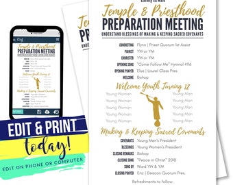 DIGITAL Temple & Priesthood Preparation Program | Navy and Gold Primary Program + Hymns  | Editable INSTANT Digital Download with Corjl