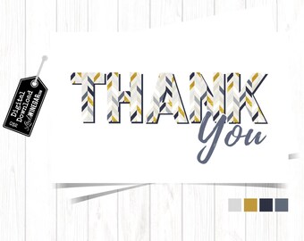 Herringbone Thank You Card, Navy, Gold & Gray Stationary Greeting Thank You Cards, Printable Thank You Card | INSTANT Download 4x6 JPG