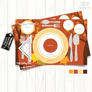 Puede incluir: Un mantel individual imprimible con temática otoñal. El mantel individual presenta un fondo marrón con hojas naranjas, amarillas y rojas. El mantel individual incluye etiquetas para cada elemento de la puesta en mesa, incluyendo un plato de cena, un plato de ensalada, un tazón de sopa, un plato de pan, un vaso de agua, un tenedor de postre, una cuchara de postre, un cuchillo de cena y una cuchara de sopa. El mantel individual también incluye un cuadro de texto para el nombre del invitado.