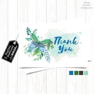 Cartes de remerciement papillon aquarelle fantaisiste, Cartes de remerciement bleue et sarcelle d'hiver, Cartes de remerciement pour baptême de fille | Téléchargement instantané 4 x 6 JPG