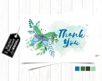 Whimsical Watercolor Butterfly Thank You Cards, Blue & Teal Thank You Card, Girl Baptism Thank You Card | INSTANT Download 4x6 JPG