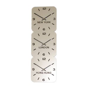 Silver Acrylic World Timezone Wall Clocks 3 Dial Vertical