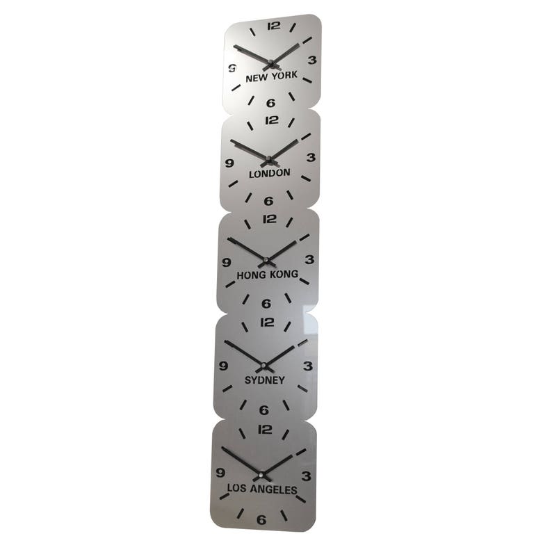 Silver Acrylic World Timezone Wall Clocks 5 Dial Vertical