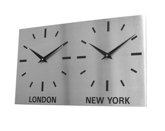 Roco Verre Large Brushed Stainless Steel Time Zone World Wall Clocks
