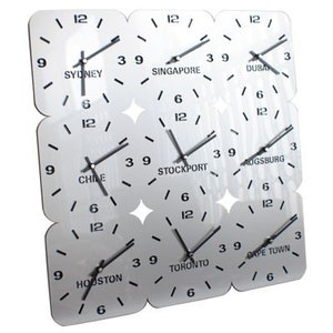 Silver Acrylic World Timezone Wall Clocks 9 Dial