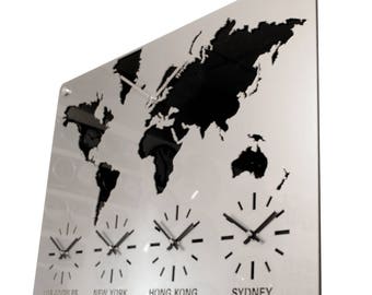 Silver Acrylic World Map Timezone Wall Clock