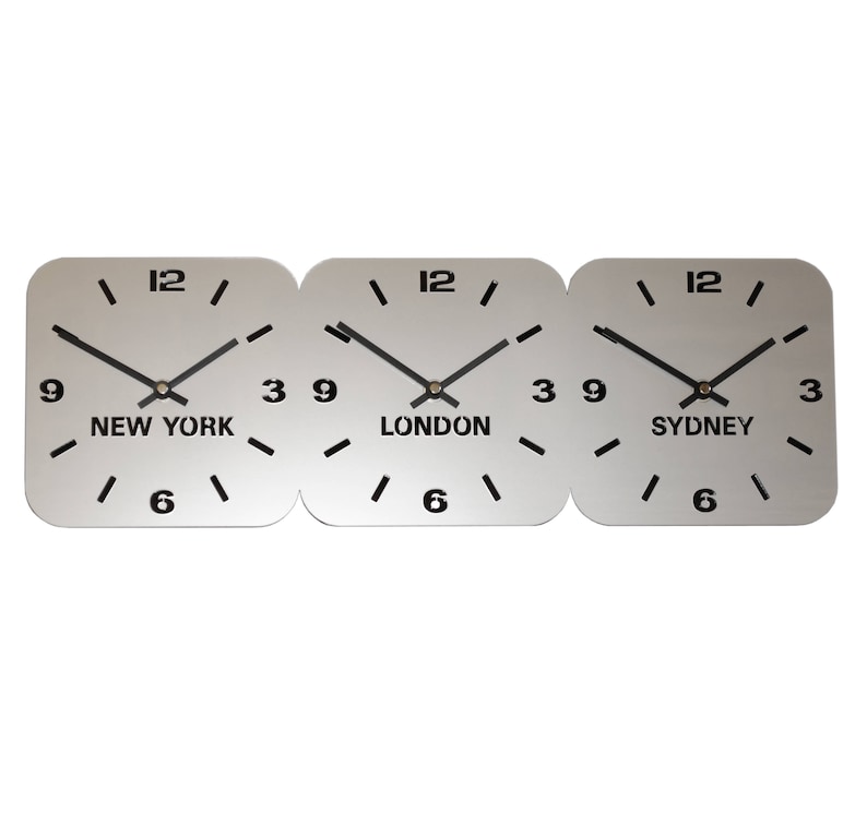 Silver Acrylic World Timezone Wall Clocks 3 Dial Horizontal