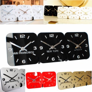 May include: A set of three black square clocks with silver hands and white numbers. The clocks display the time in San Francisco, New York, and London.