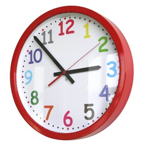 May include: A red round clock with colorful numbers and black hands. The clock face is white with black dots around the edge. The numbers are in different colors: 12 is red, 1 is yellow, 2 is green, 3 is blue, 4 is purple, 5 is gray, 6 is orange, 7 is orange, 8 is green, 9 is blue, 10 is purple, and 11 is gray.