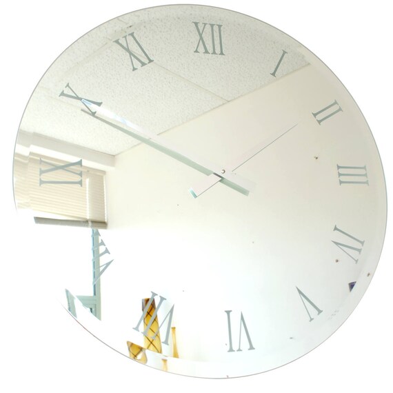 Roco Verre Bevelled Edge Roman Etched Modern Mirror Wall Clock Roman Etched Modern Mirror Wall Clock