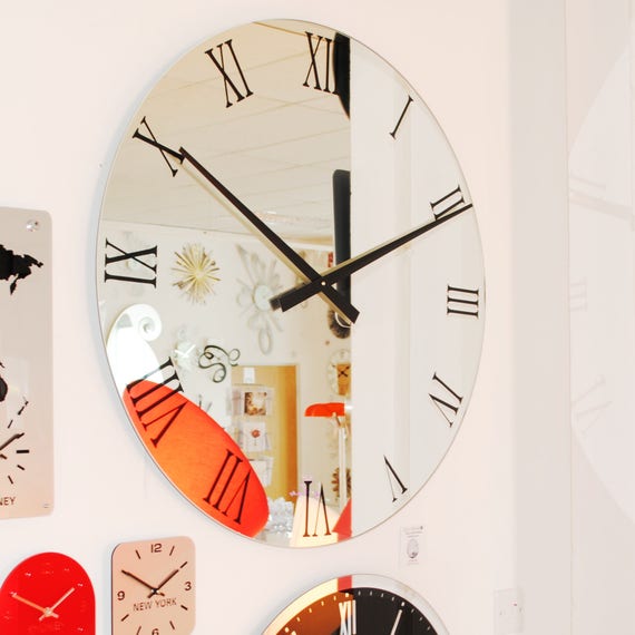 Roco Verre Extra Large Roman Mirror Wall Clock Black Extra Large Roman Mirror Wall Clock