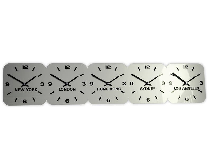 Silver Acrylic World Timezone Wall Clocks 5 Dial Horizontal