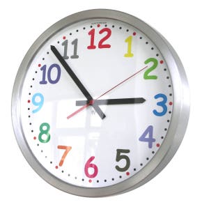 May include: A silver round clock with a white face and black hands. The numbers 1 through 12 are in a rainbow of colors. The clock is made in England.