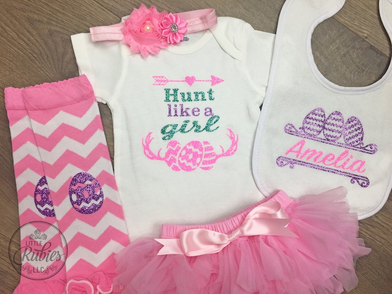 Easter outfit baby girl Easter Egg Hunt outfit for baby girl I Hunt like a girl onesie Egg hunt dress Easter dress baby girl easter outfit