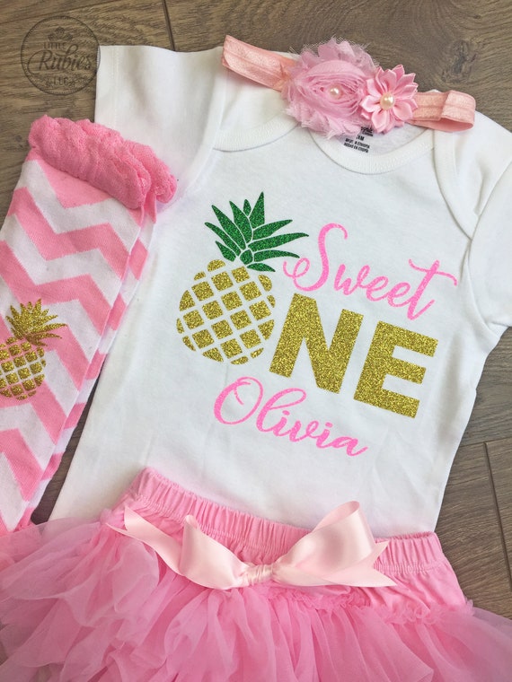 Personalized baby girl pineapple onesie with sequin skirt and hair bow Custom pineapple outfit