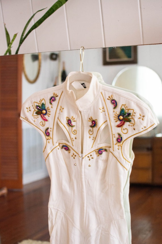 1980s glam white & beaded jumpsuit