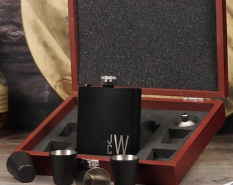 Frasco de acero inoxidable con embudo, juego de regalo de frasco de cadera personalizable en bolsa de terciopelo, frasco negro con embudo, caja de palisandro con vasos de chupito
