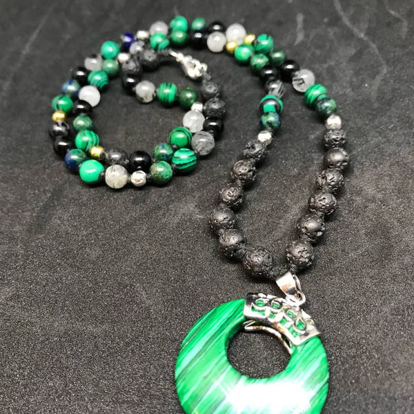 Malachite Pendant- Malachite, Lava Rock, Onyx, Black tourmaline, Tourmalated quartz, Lapis chrysocolla, Beaded Necklace.