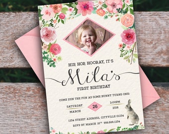 Bunny First Birthday Invitation, Spring Birthday Invitation, Floral Invitation, Easter Birthday Invitation