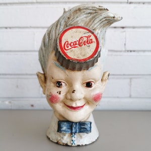 Coca Cola Sprite Boy Gusseisen Bank Vintage Werbeschild 1950 Werbung Cola