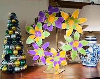 Mardi Gras wreath with artist- created float flowers. Custom order available