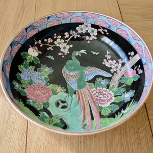 Vintage Chinese Famille Noire Serving Bowl Signed
