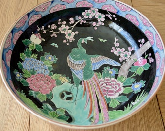 Vintage Chinese Famille Noire Serving Bowl Signed