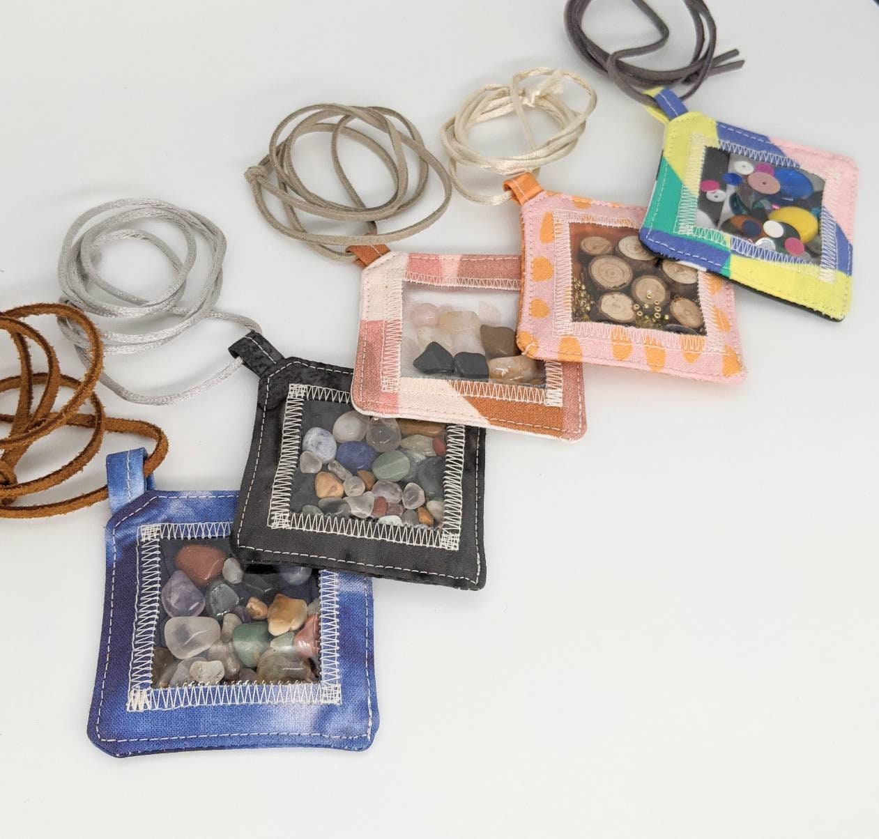 Sensory Necklace, Wearable Art Fidget with Gemstones, Tree Pieces, or Sequins. Leather or Nylon cord.