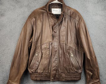 Cougar Bomber Jacket Men XL Brown Mid-Length Genuine Leather A-2 Aviator Retro