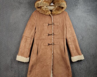 Vintage Penny Lane Jacket Size Small Suede Shearling Fur Trim Hood 90s Y2K Boho