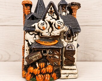 Vintage Porcelain Halloween Village Pumpkins Ghosts 3D Haunted House Spooky 90s
