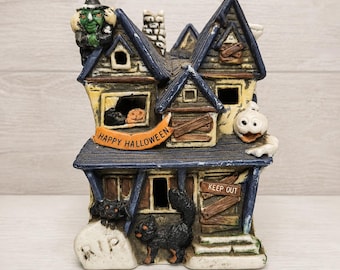 VTG Porcelain Halloween Village 3D Spooky Haunted House Cat Pumpkin Witch Ghost