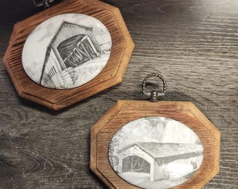 Vintage Mid Century Modern Covered Bridge Sketch Art Wooden Plaque Black & White