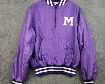 Vintage Holloway Satin Bomber Pullover Medium 1/4 Zip Jacket Purple White Pocket