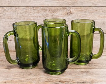 VIntage MCM Mid Century Modern Glass Handled Beer Mugs Set of 4 Green Barware