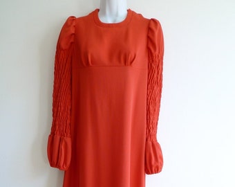 Vintage 70s French long red dress with smocked sleeves