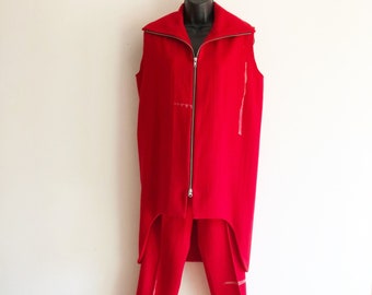 Yohji Yamamoto red wool zipped sleeveless jacket with cropped pants