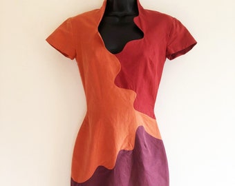 Sophie Sitbon 1990s summer cotton dress of apricot, cinnamon and plum colours,  size S/XS