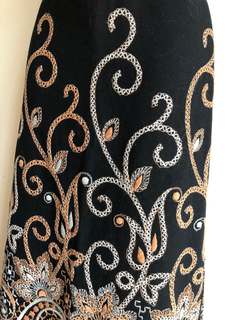 Vintage French couture black wool skirt with stunning embroidered pattern